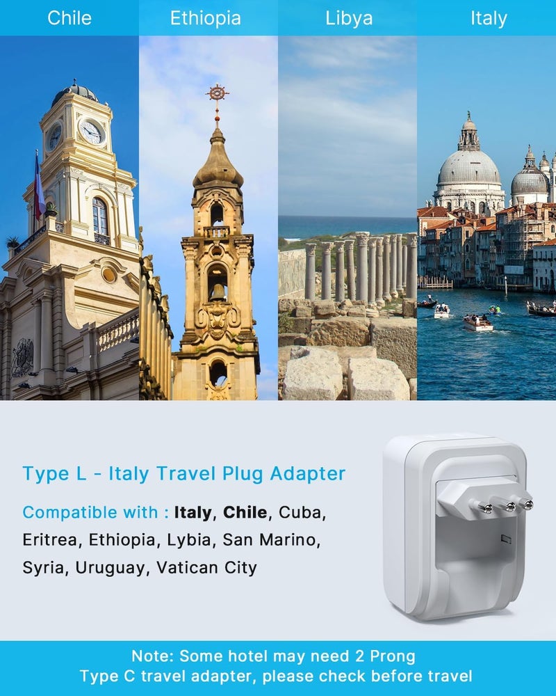 VINTAR 2 Pack Italy Travel Plug Adapter, Foldable Italy Power Adapter with 3 USB Ports(2 USB C) and 2 American Outlets, 3 Prong Grounded Type L Plug Adapter for US to Italy Rome Uruguay Chile - Image 3